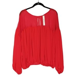 SAN JOY Red Bubble Sleeve Lace Panel Semi Sheer Top Large NWT